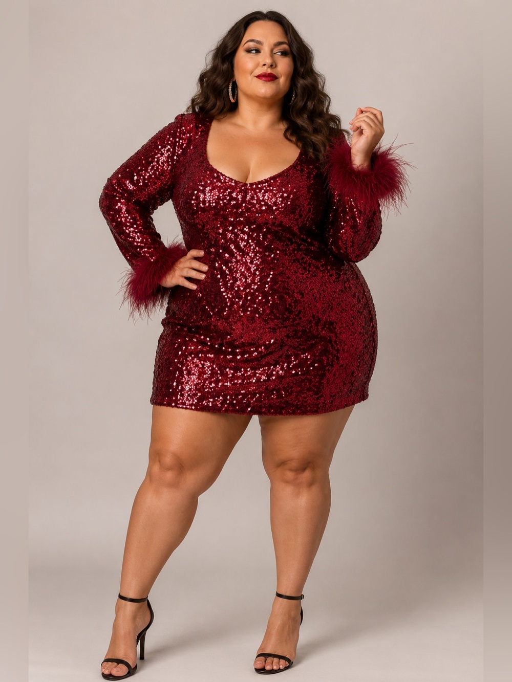 Fashion Nova Size 3x Burgundy Scoop Neck Sequin Dress Feather Trim Long Sleeves